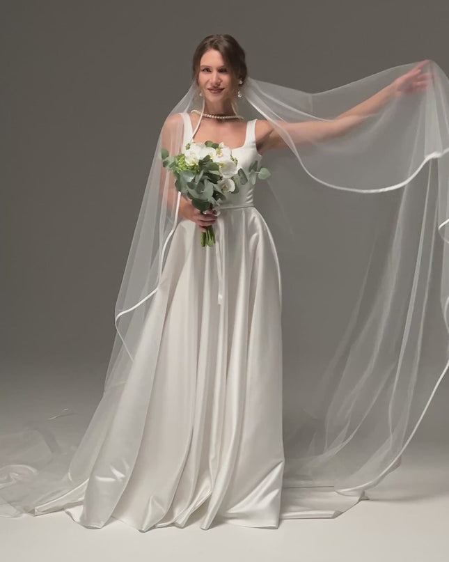 Cascading One Tier Satin Ribbon Wedding Veil, Simple Elegant Bridal Veil with Satin Edge, Knee Length or Short Veil for Bride