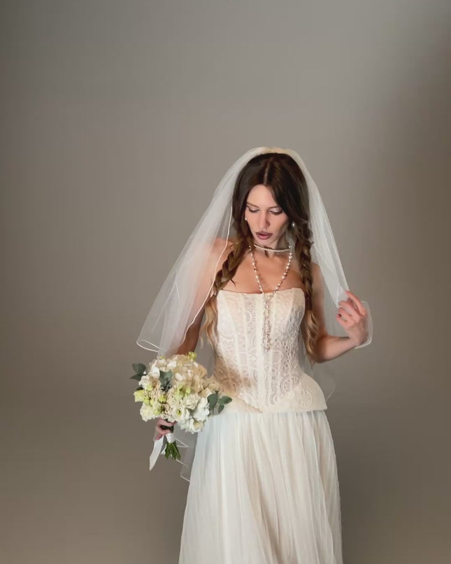 Two Tier Wedding Veil with Pencil Edge, Full Bridal Veil at Comb, Soft Tulle Classic Romantic Veil