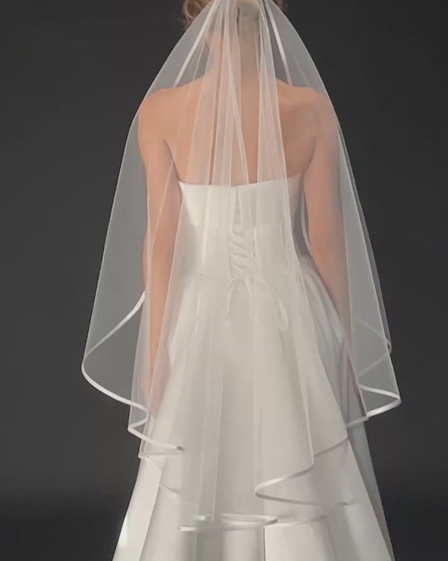 One Tier Cascading Wedding Veil with Satin Ribbon Edge – Simple Bridal Veil