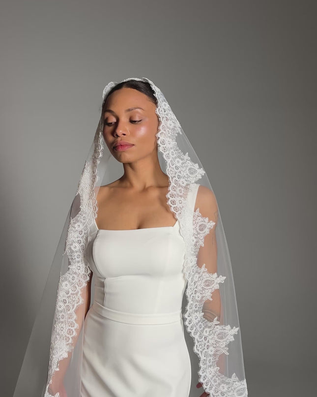 Lace Boho Cathedral Veil: One Tier Mantilla, Ivory Tulle