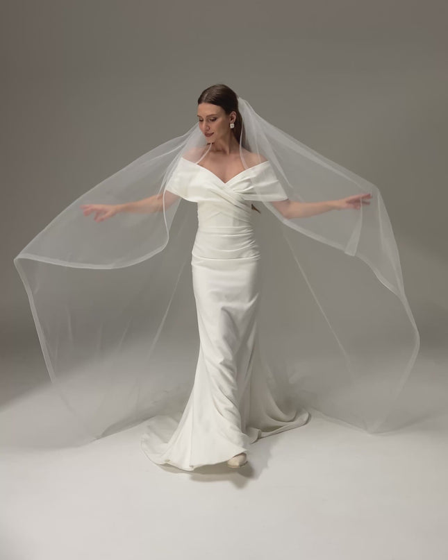 One Layer Cathedral Cascade Bridal Veil with Flowing Train and Horsehair Edge